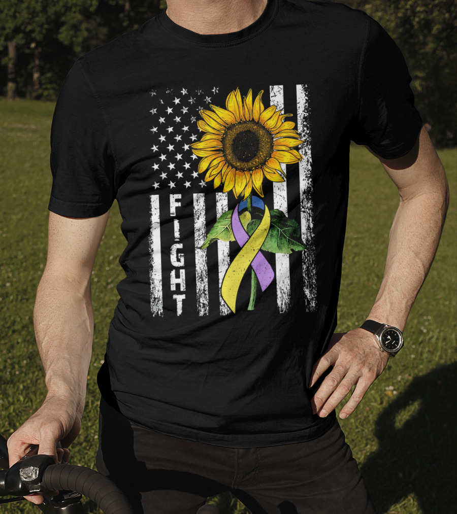 USA Flag Sunflower Fight Ribbon Bladder Cancer T-Shirt