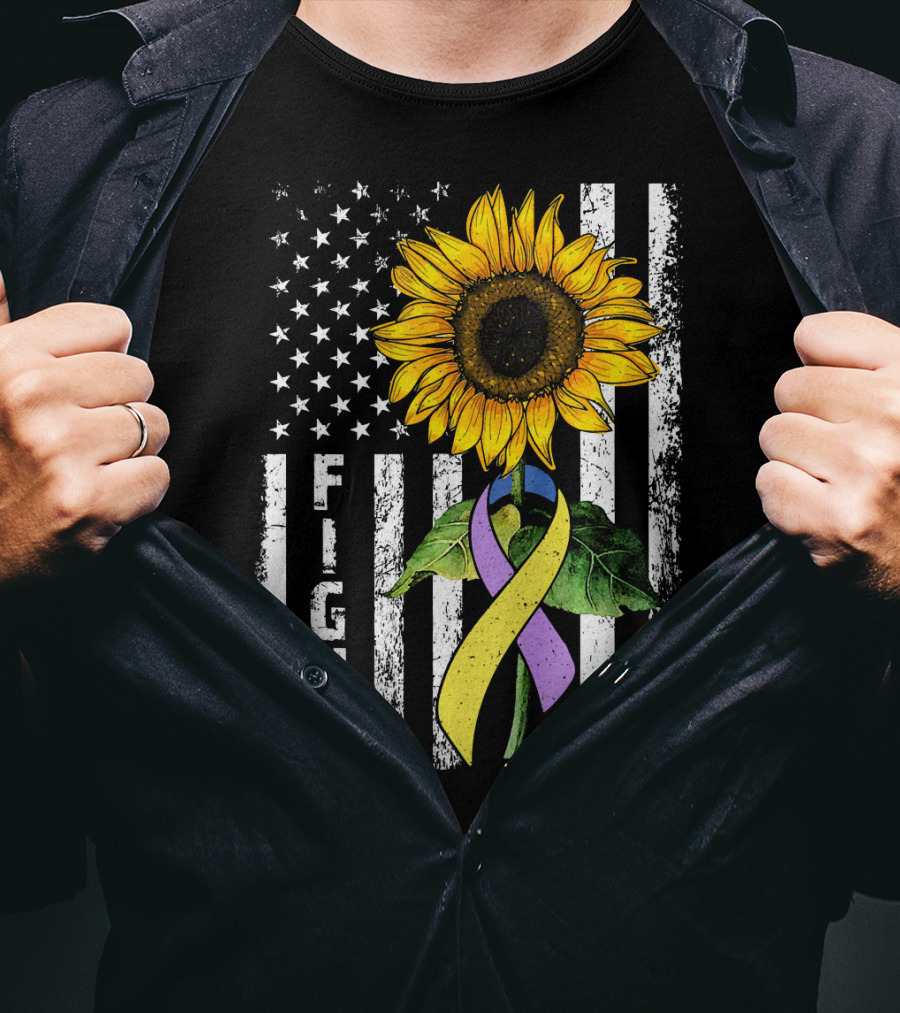 USA Flag Sunflower Fight Ribbon Bladder Cancer T-Shirt