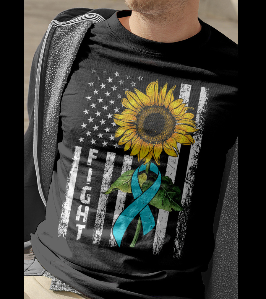 America Flag Sunflower Teal Ribbon Ovari Fight T-Shirt