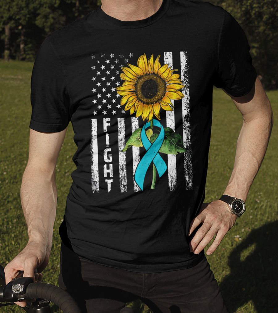 America Flag Sunflower Teal Ribbon Ovari Fight T-Shirt