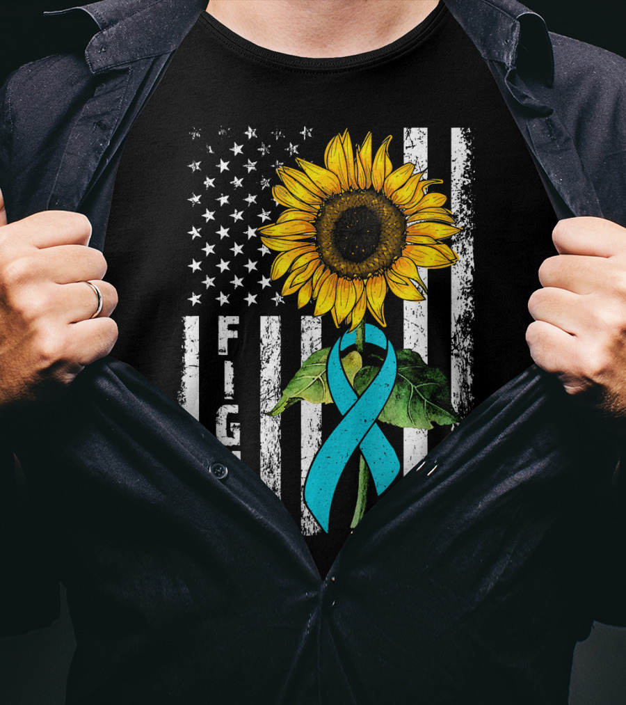 America Flag Sunflower Teal Ribbon Ovari Fight T-Shirt