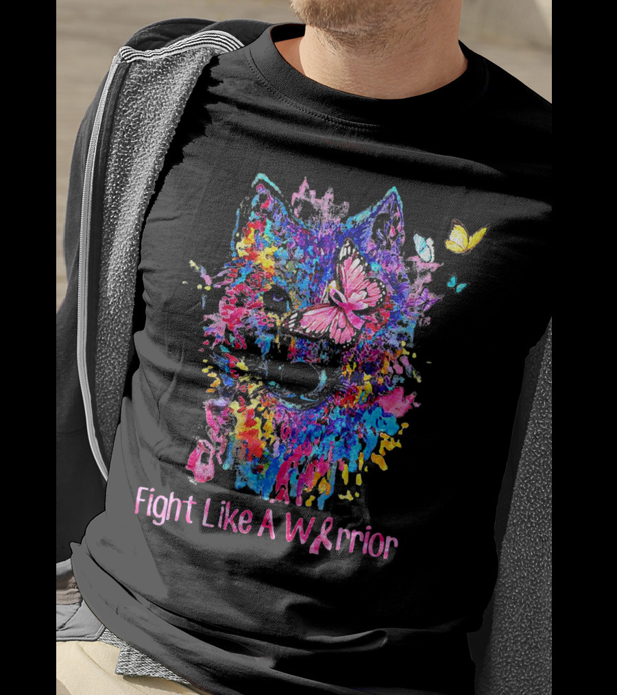 Fight Like A Warrior Breast Cancer Awareness Butterfly And Wolf T-Shirt