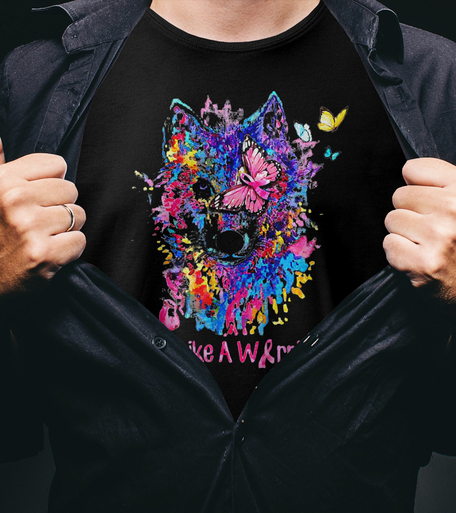 Fight Like A Warrior Breast Cancer Awareness Butterfly And Wolf T-Shirt