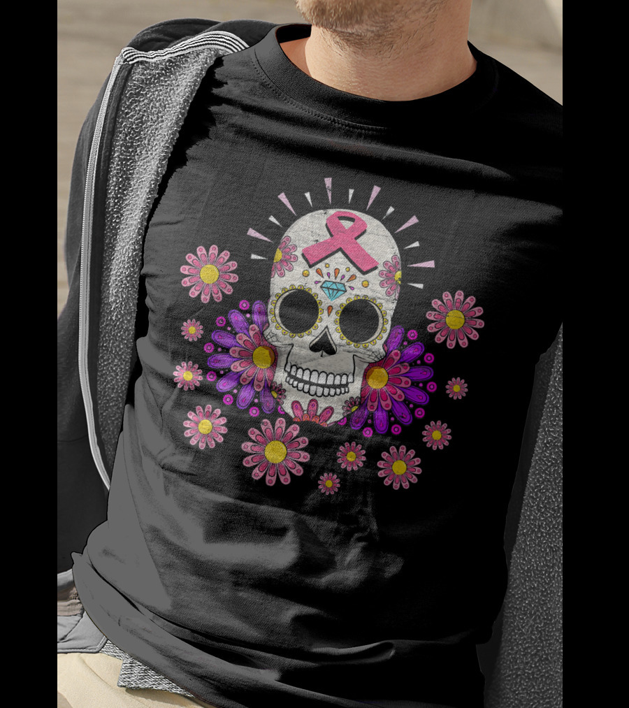 Breast Cancer Awareness Sugar Skull Pink Ribbon Floral Accents T-Shirt
