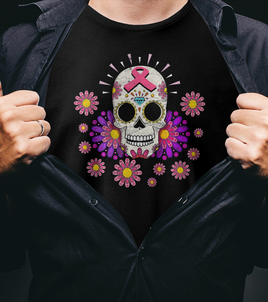 Breast Cancer Awareness Sugar Skull Pink Ribbon Floral Accents T-Shirt