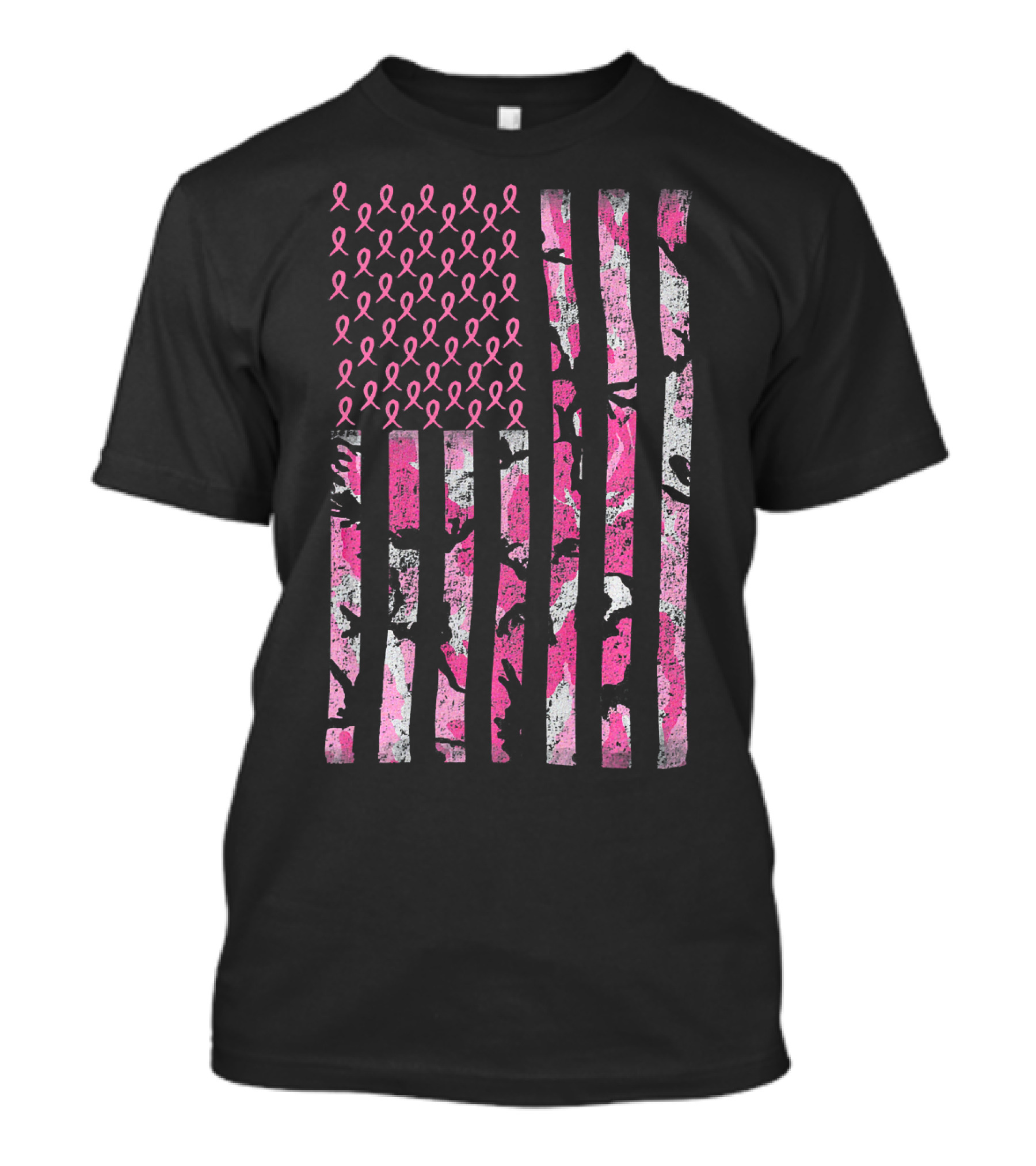 Breast Cancer Awareness Survivor Pink Ribbon American Flag Camo T-Shirt