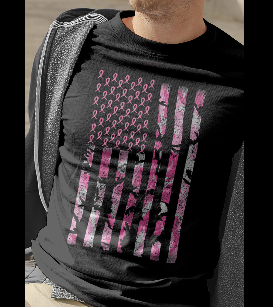 Breast Cancer Awareness Survivor Pink Ribbon American Flag Camo T-Shirt