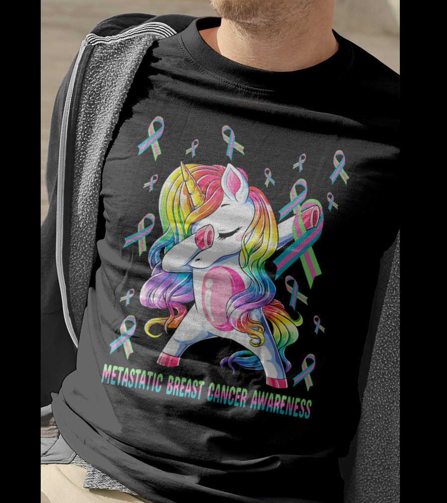 Metastatic Breast Cancer Awareness Unicorn Dabbing With Ribbons T-Shirt
