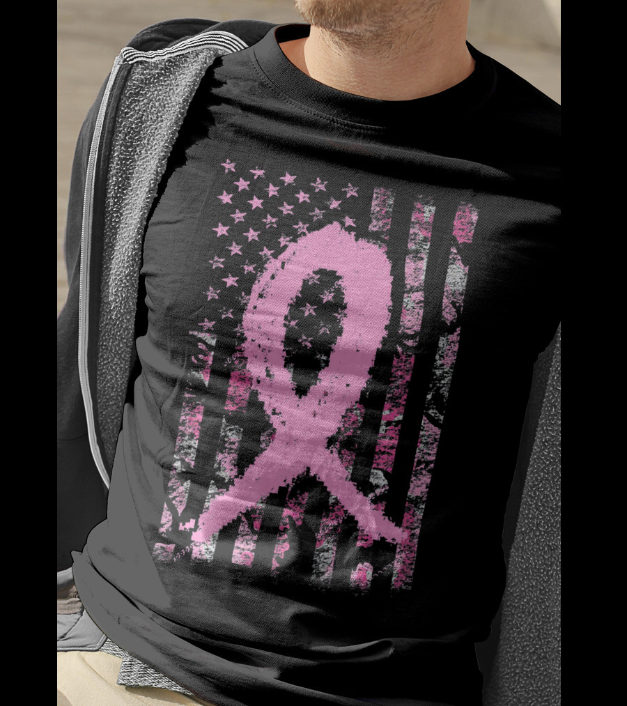 Pink Breast Cancer Ribbon Camouflage American Flag T-Shirt