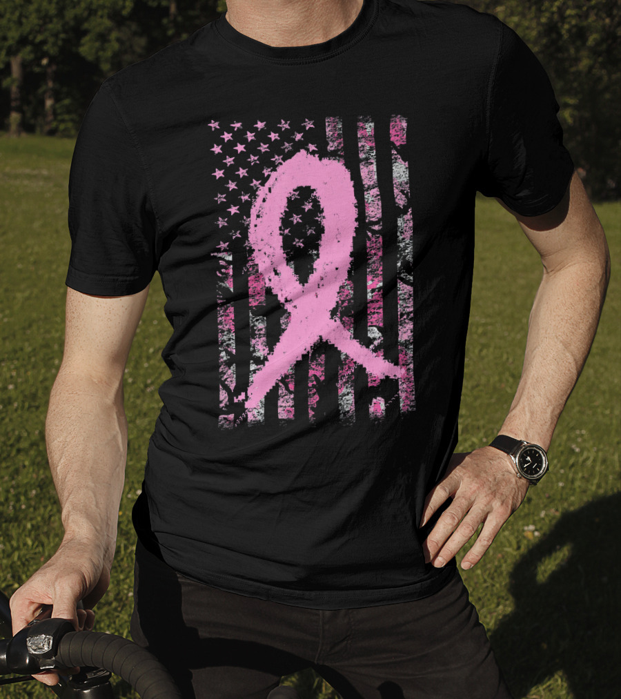 Pink Breast Cancer Ribbon Camouflage American Flag T-Shirt