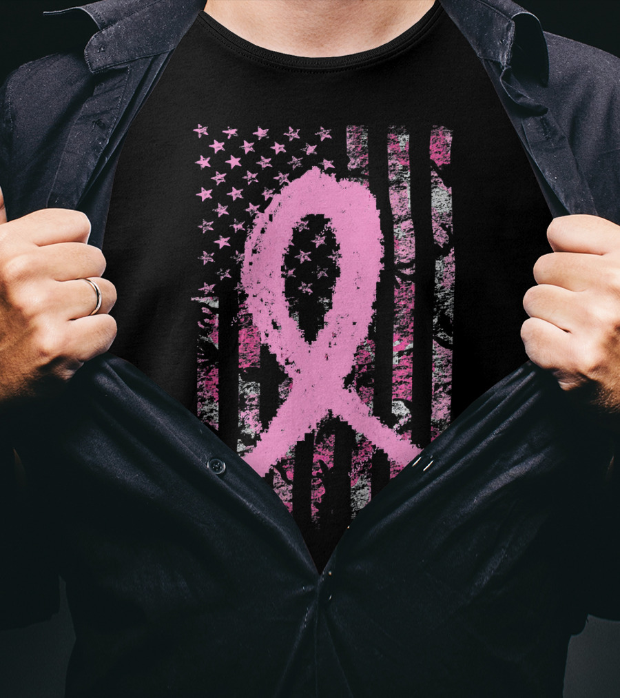 Pink Breast Cancer Ribbon Camouflage American Flag T-Shirt