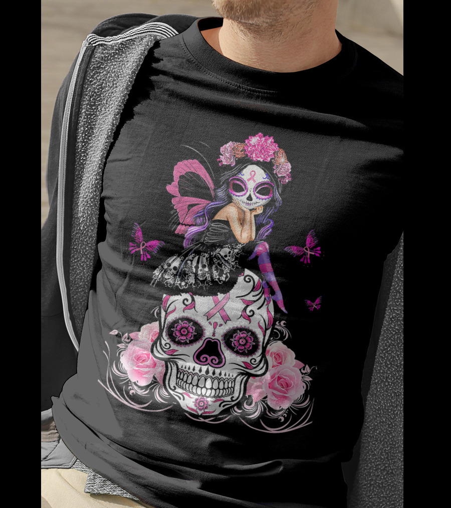 Cute Fairy Sugar Skull Breast Cancer Awareness T-Shirt