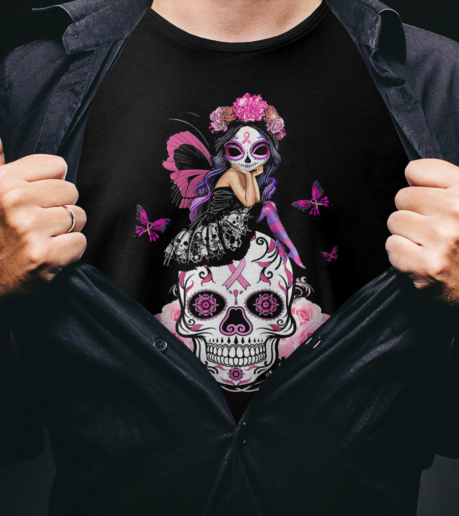 Cute Fairy Sugar Skull Breast Cancer Awareness T-Shirt