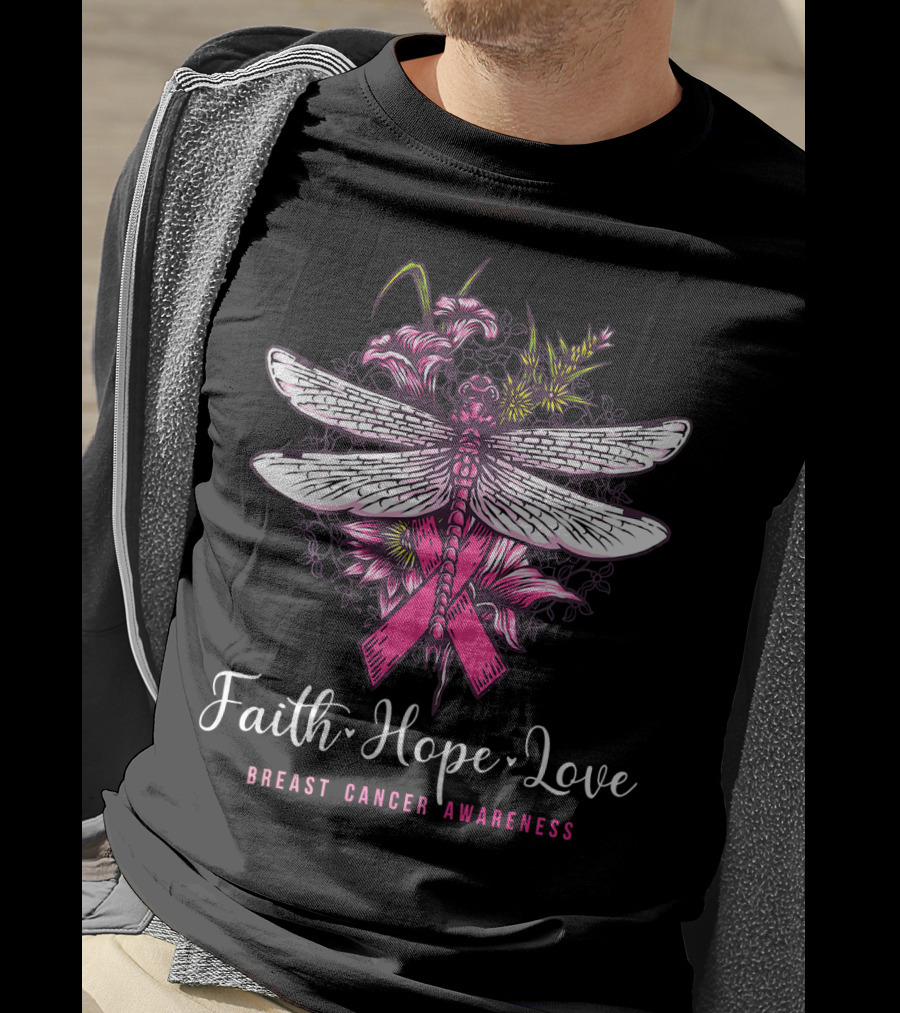 Faith Hope Love Breast Cancer Awareness Dragonfly Pink Ribbon Floral Motif T-Shirt