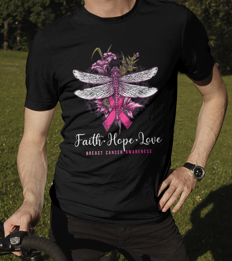Faith Hope Love Breast Cancer Awareness Dragonfly Pink Ribbon Floral Motif T-Shirt