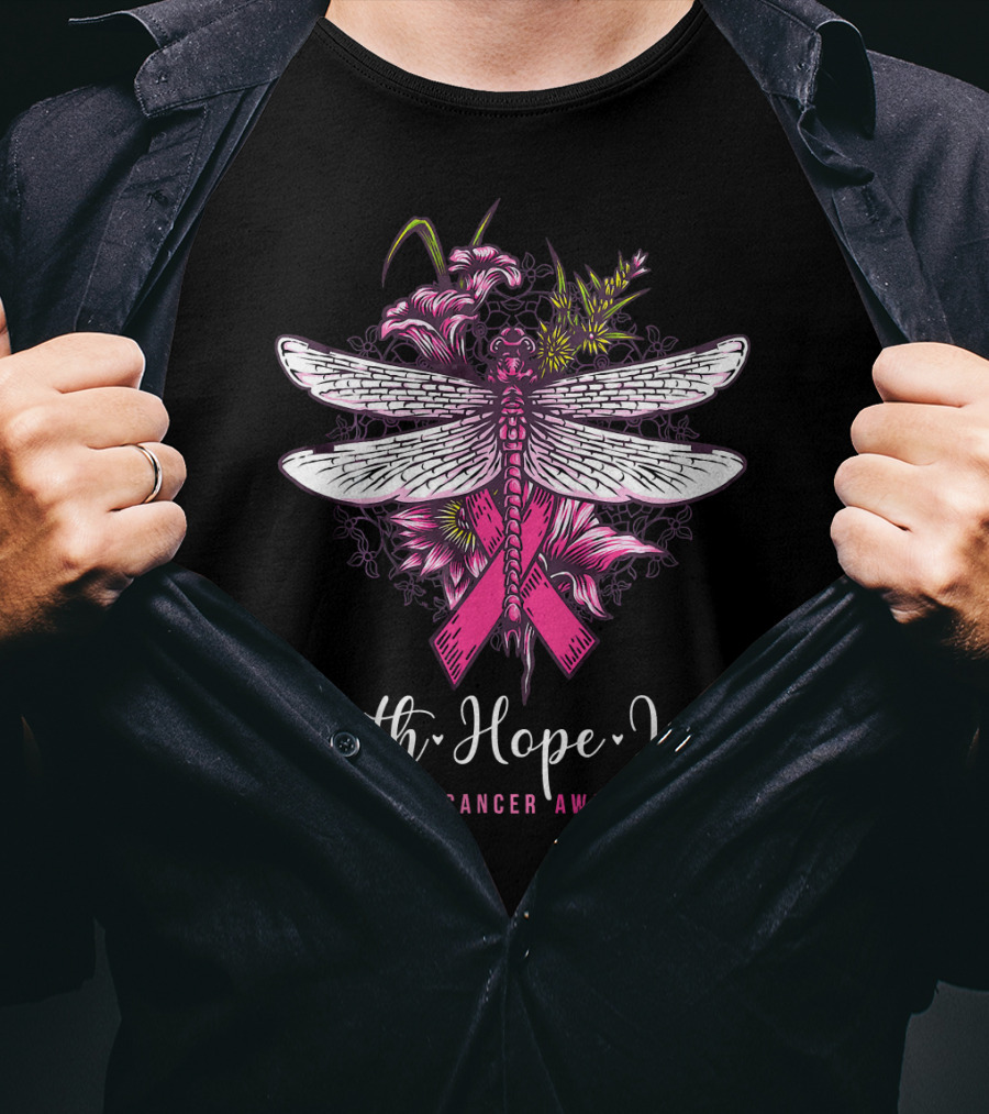 Faith Hope Love Breast Cancer Awareness Dragonfly Pink Ribbon Floral Motif T-Shirt