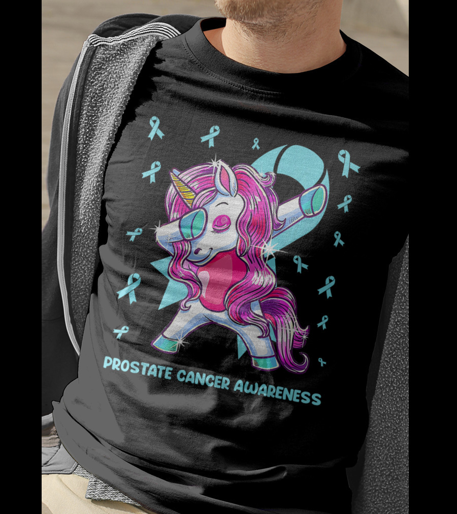 Unicorn Dabbing Prostate Cancer Awareness Ribbons T-Shirt