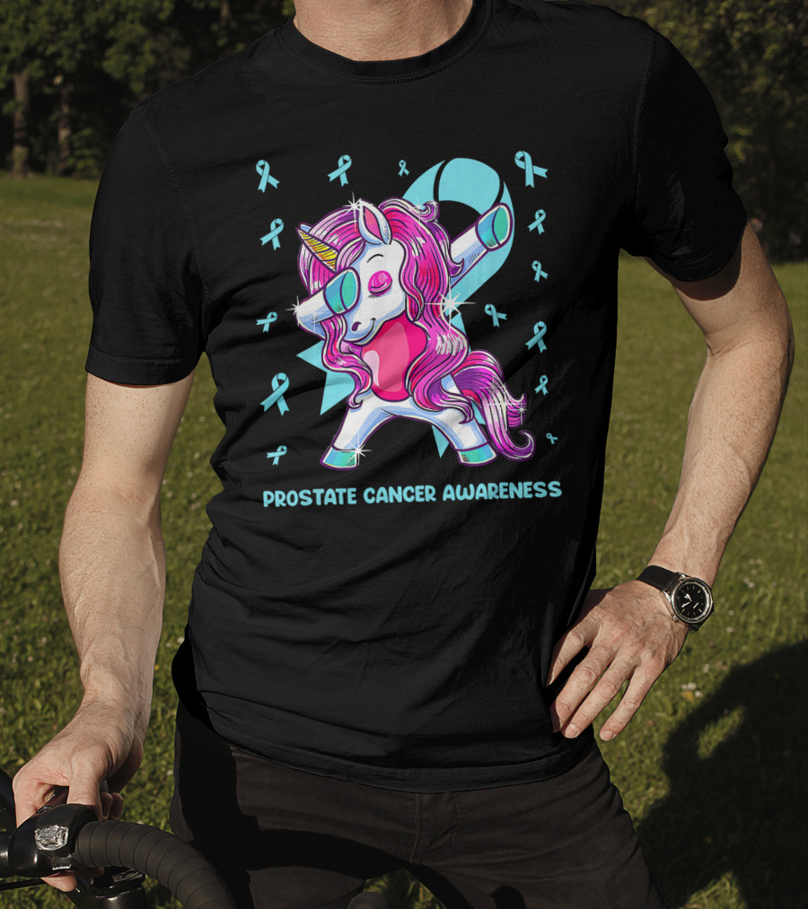 Unicorn Dabbing Prostate Cancer Awareness Ribbons T-Shirt