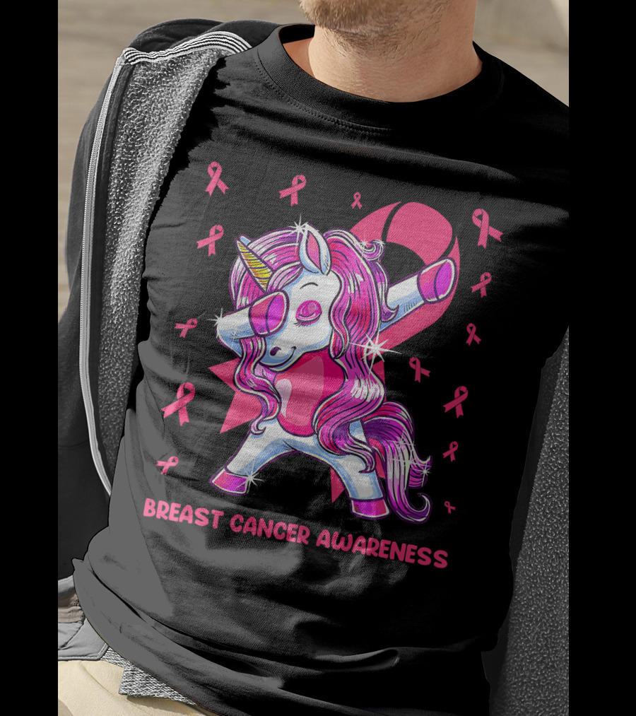 Breast Cancer Awareness Dabbing Unicorn Pink T-Shirt
