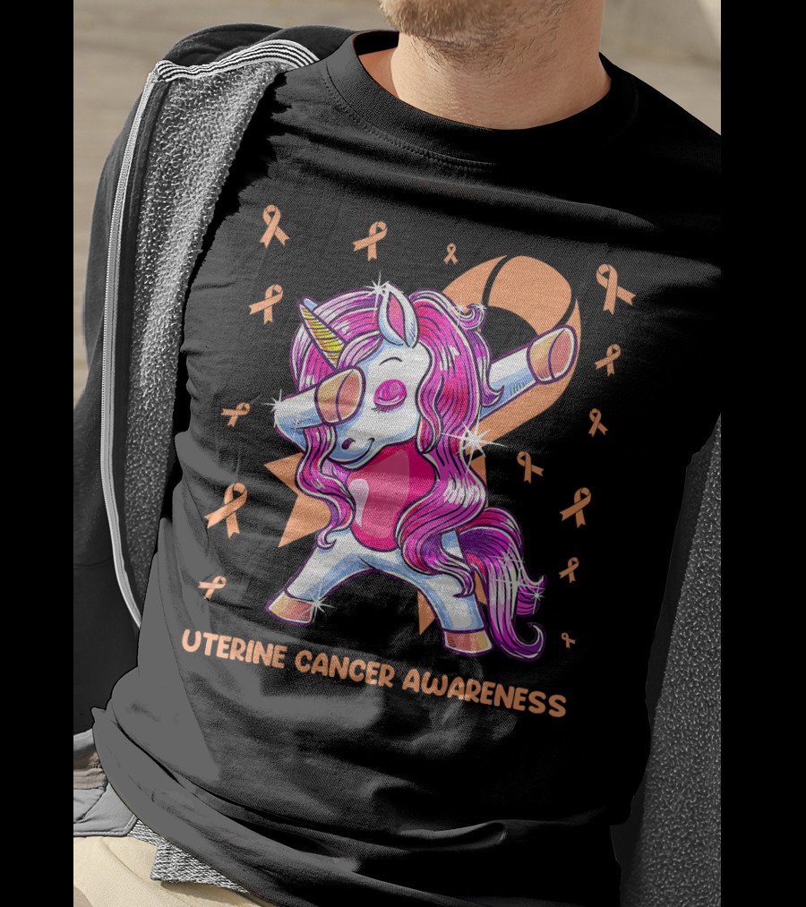 Dabbing Unicorn With Pink Ribbon For Uterine Cancer Awareness T-Shirt
