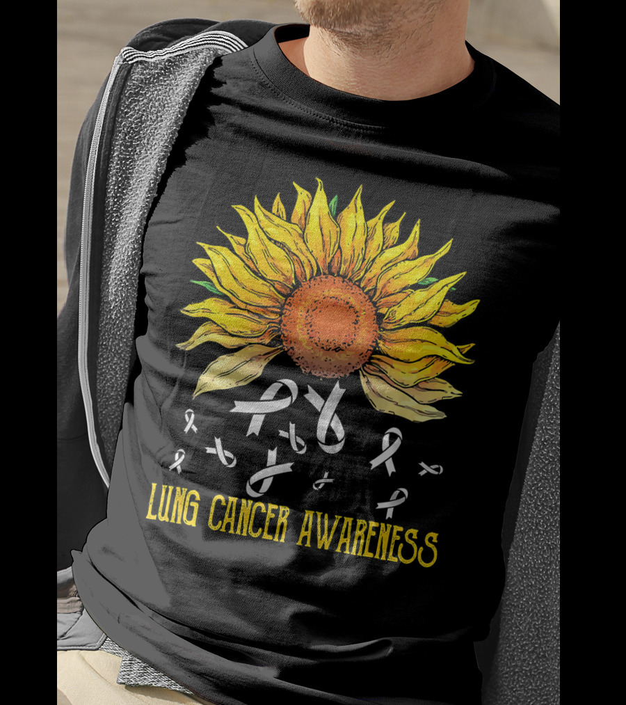 Lung Cancer Awareness Sunflower With White Ribbons T-Shirt