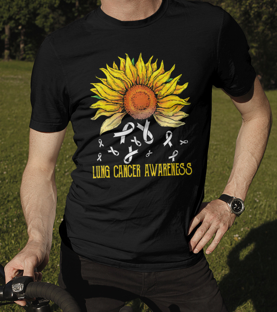 Lung Cancer Awareness Sunflower With White Ribbons T-Shirt