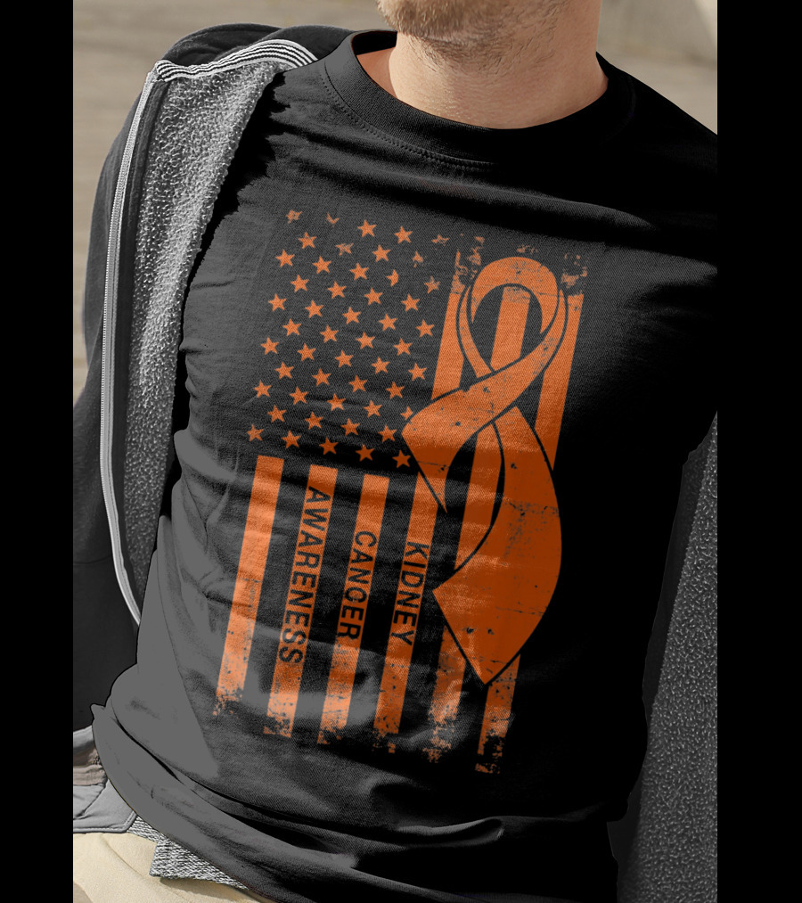 Kidney Cancer Awareness Orange Ribbon American Flag T-Shirt