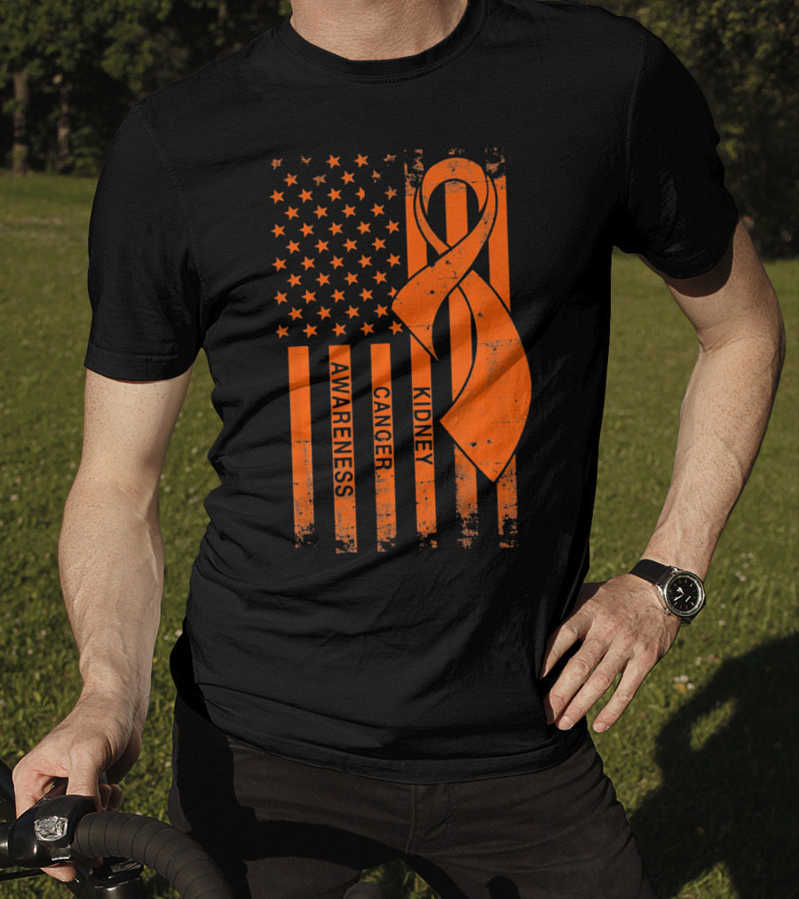 Kidney Cancer Awareness Orange Ribbon American Flag T-Shirt