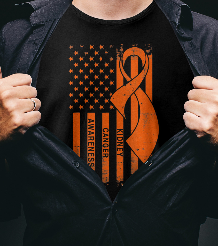 Kidney Cancer Awareness Orange Ribbon American Flag T-Shirt