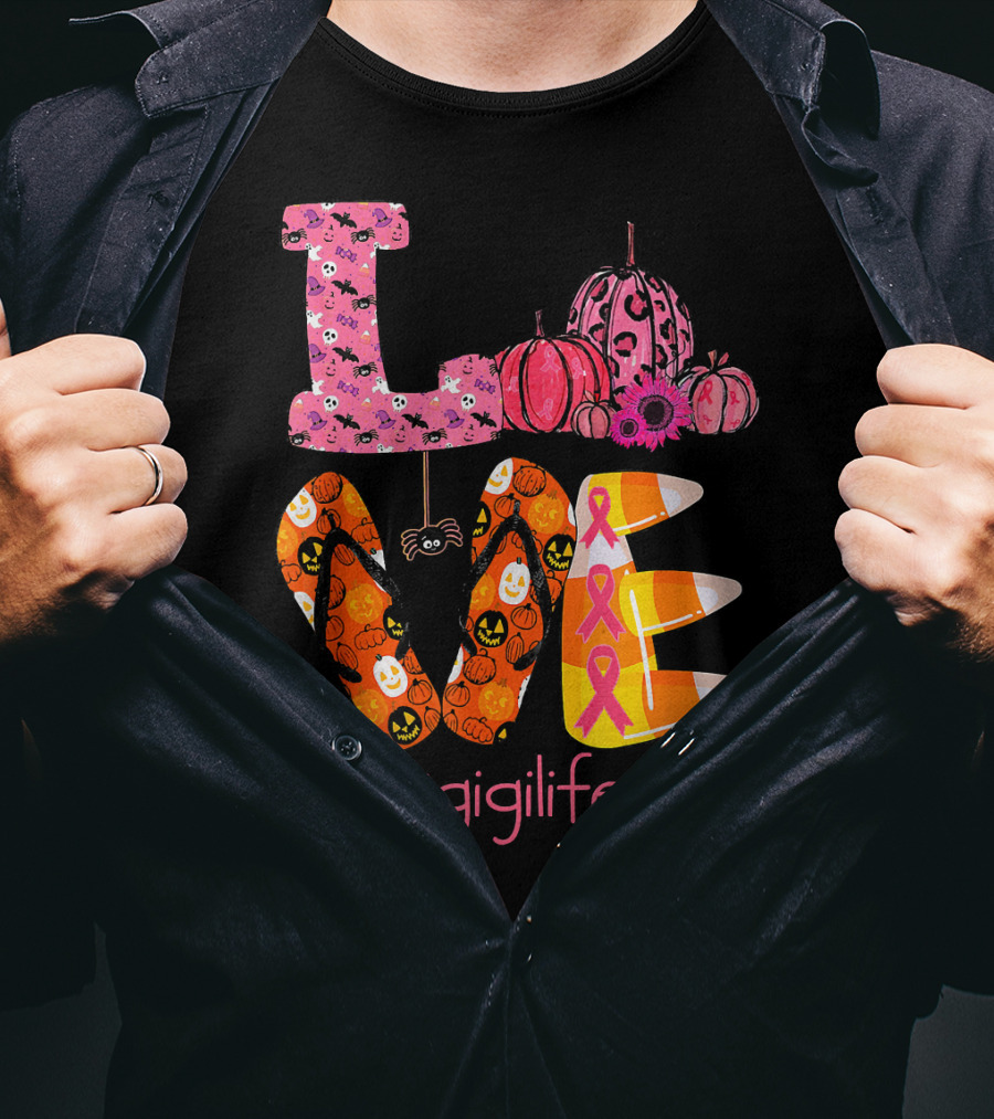 Love Halloween Pumpkin Breast Cancer Awareness #gigilife T-Shirt