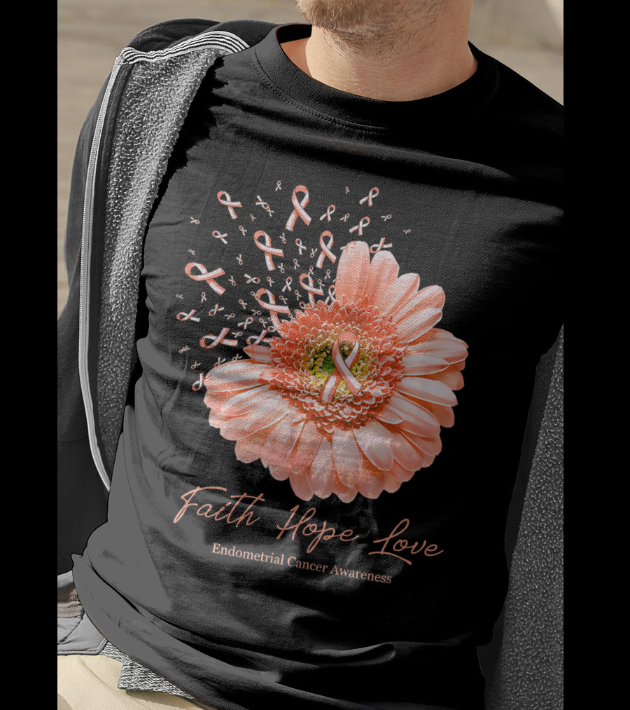 Faith Hope Love Endometrial Cancer Awareness Pink Ribbon Flower T-Shirt