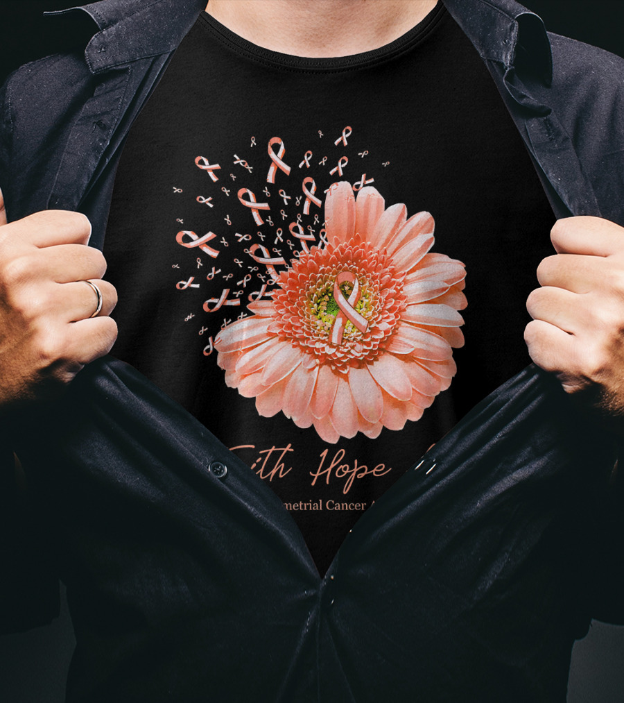 Faith Hope Love Endometrial Cancer Awareness Pink Ribbon Flower T-Shirt