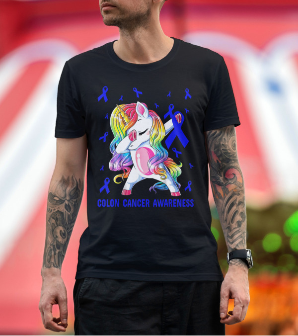 Premium T-Shirt: Colon Cancer Awareness Unicorn Dabbing with Blue Ribbons T-Shirt Colon Cancer Awareness Unicorn Dabbing with Blue Ribbons T-Shirt