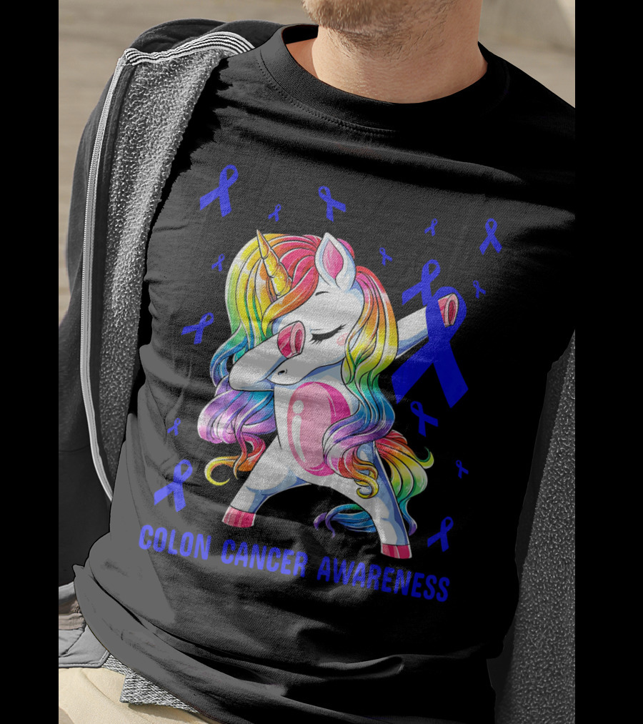 Colon Cancer Awareness Unicorn Dabbing With Blue Ribbons T-Shirt