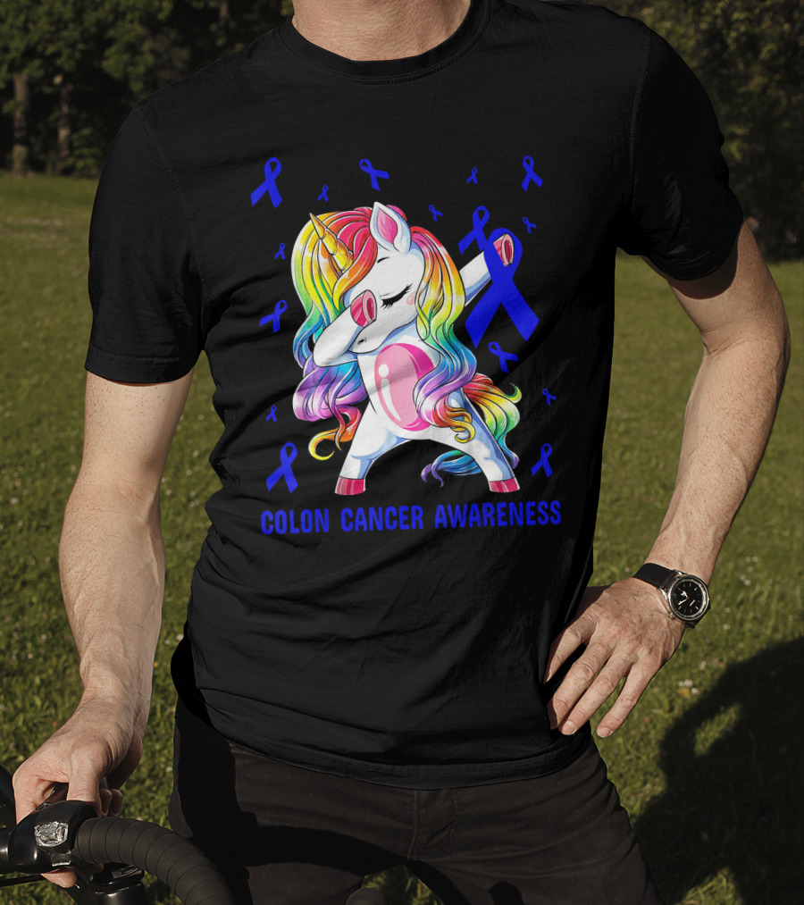 Colon Cancer Awareness Unicorn Dabbing With Blue Ribbons T-Shirt