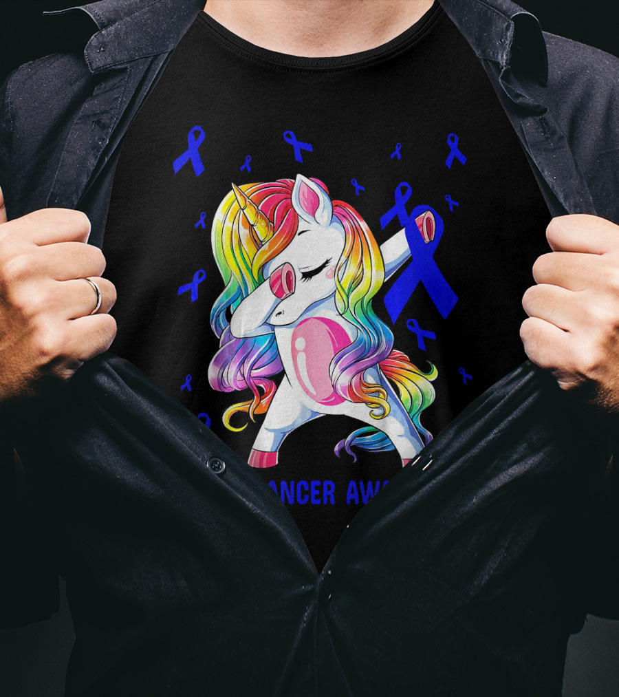 Colon Cancer Awareness Unicorn Dabbing With Blue Ribbons T-Shirt