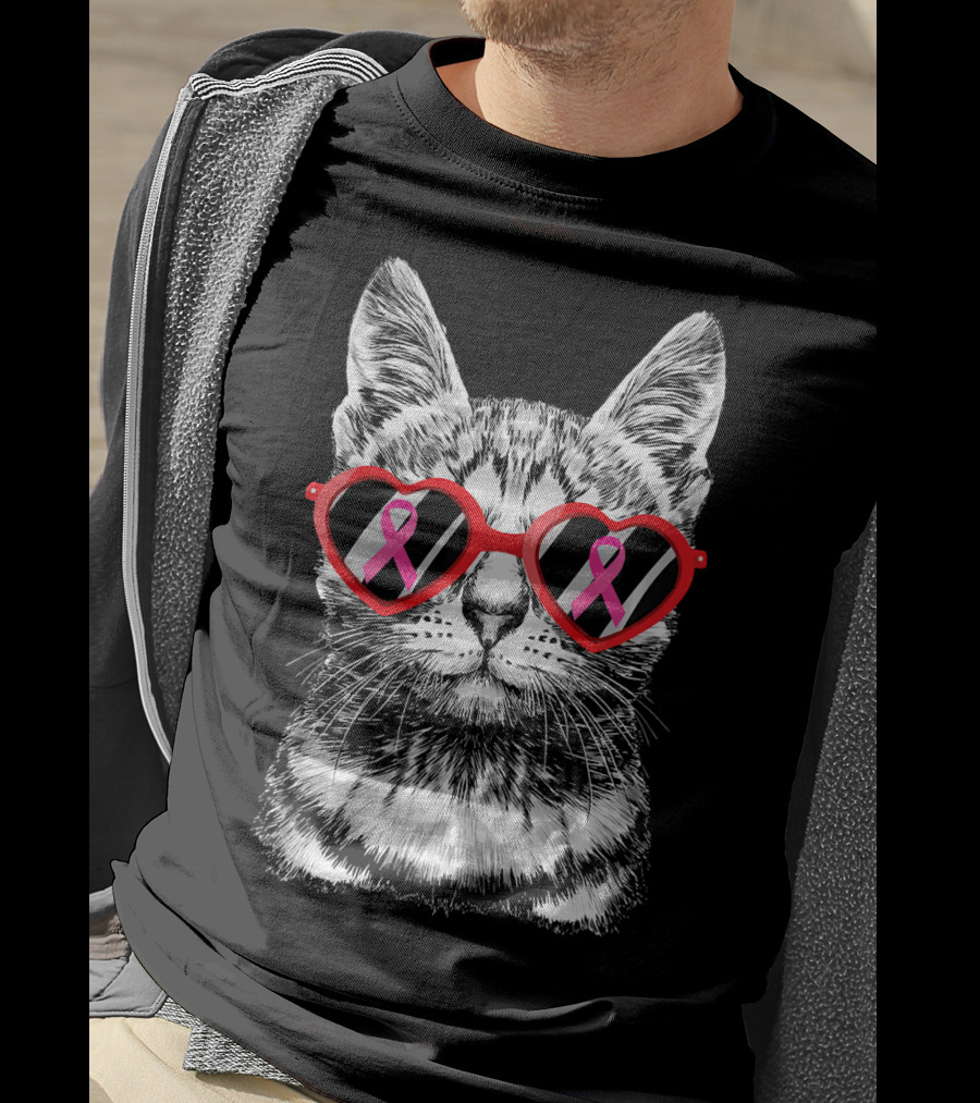 Breast Cancer Awareness Pink Ribbon Cat Heart Glasses Costume T-Shirt
