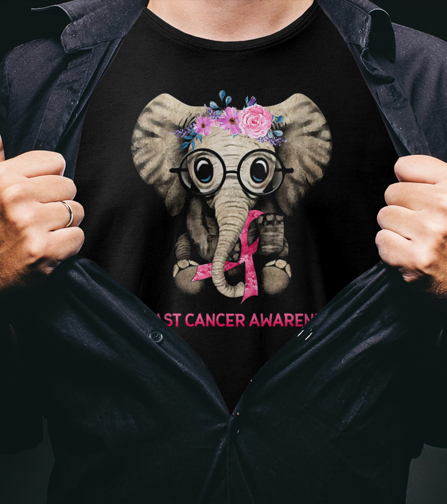 Flowers Hippie Elephant Breast Cancer Awareness T-Shirt