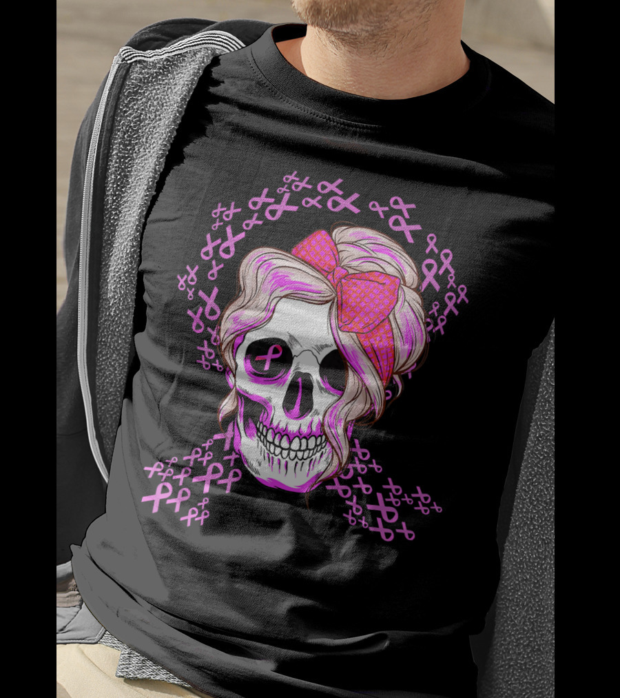 Sugar Skull Pink Ribbon Breast Cancer Awareness T-Shirt