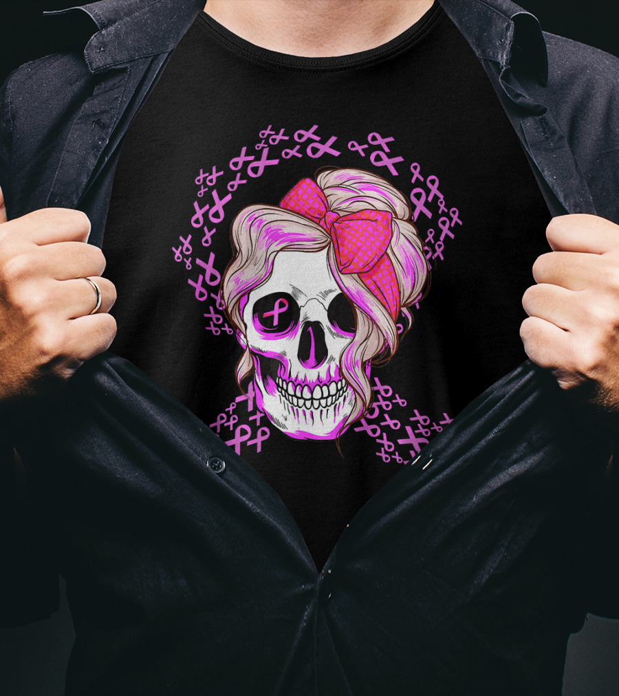Sugar Skull Pink Ribbon Breast Cancer Awareness T-Shirt