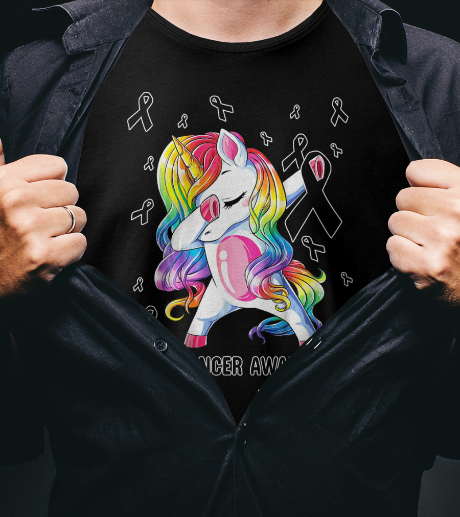 Skin Cancer Awareness Unicorn Dabbing With Ribbons T-Shirt