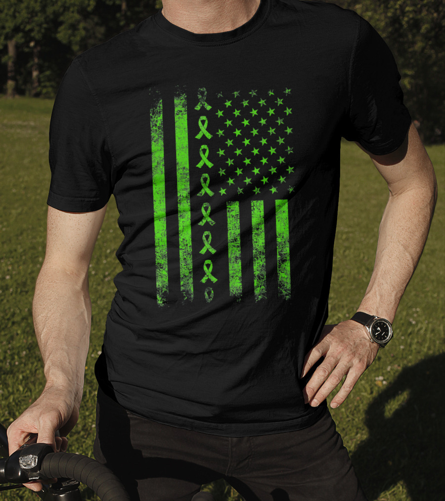 Lymphoma Cancer Awareness Lime Green Ribbon American Flag T-Shirt