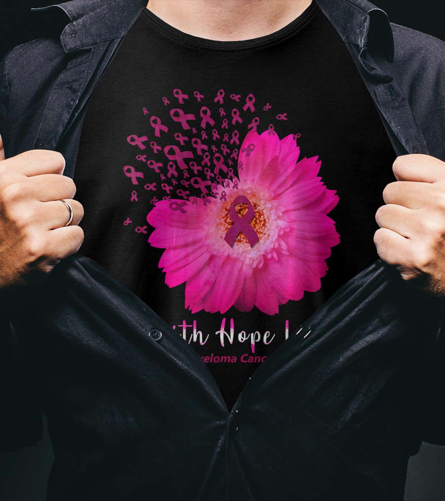 Faith Hope Love Multiple Myeloma Cancer Awareness Pink Ribbon Flower T-Shirt