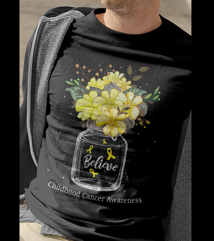 Believe Yellow Ribbon Childhood Cancer Awareness Flower Bouquet T-Shirt