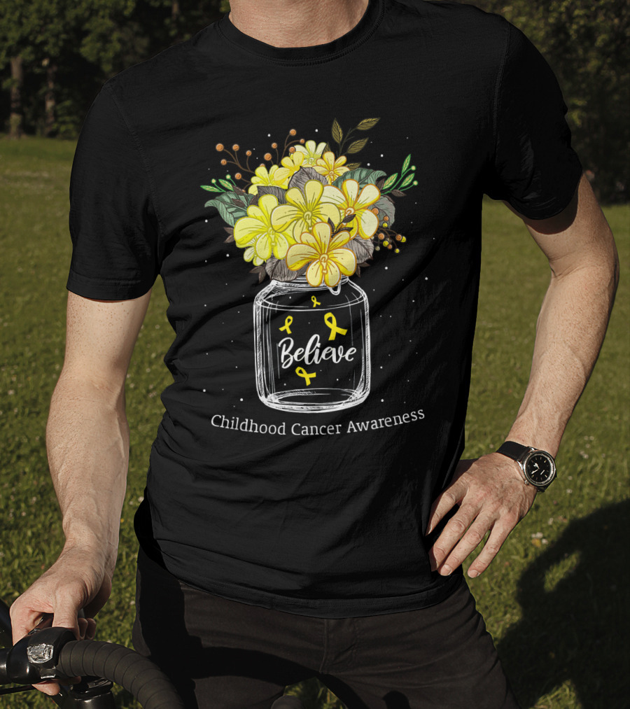 Believe Yellow Ribbon Childhood Cancer Awareness Flower Bouquet T-Shirt
