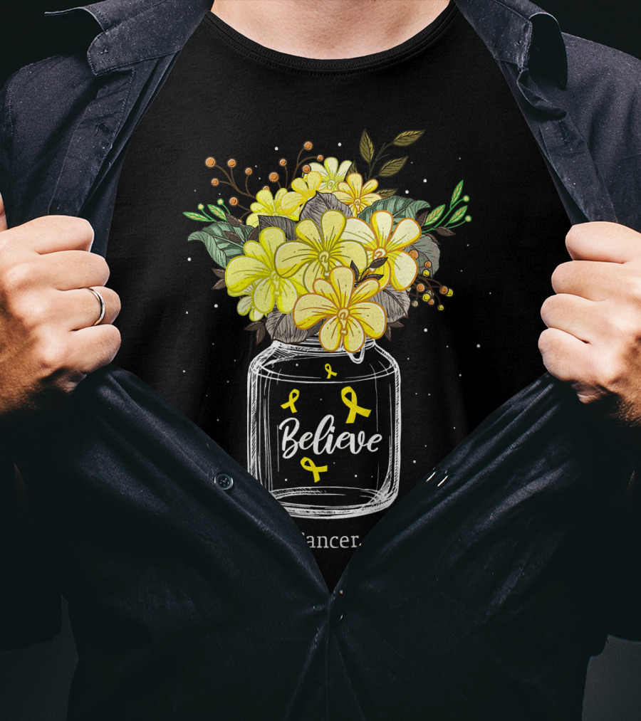 Believe Yellow Ribbon Childhood Cancer Awareness Flower Bouquet T-Shirt