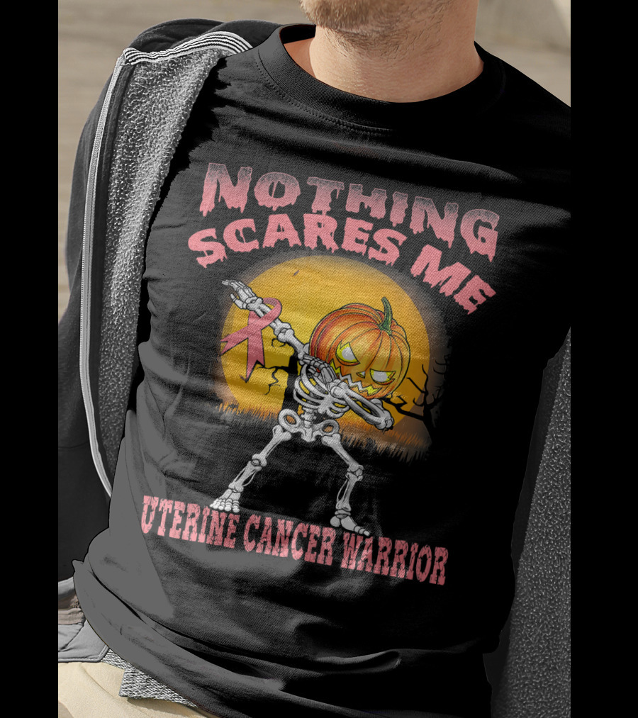 Nothing Scares Me Uterine Cancer Warrior Dabbing Skeleton Pumpkin T-Shirt