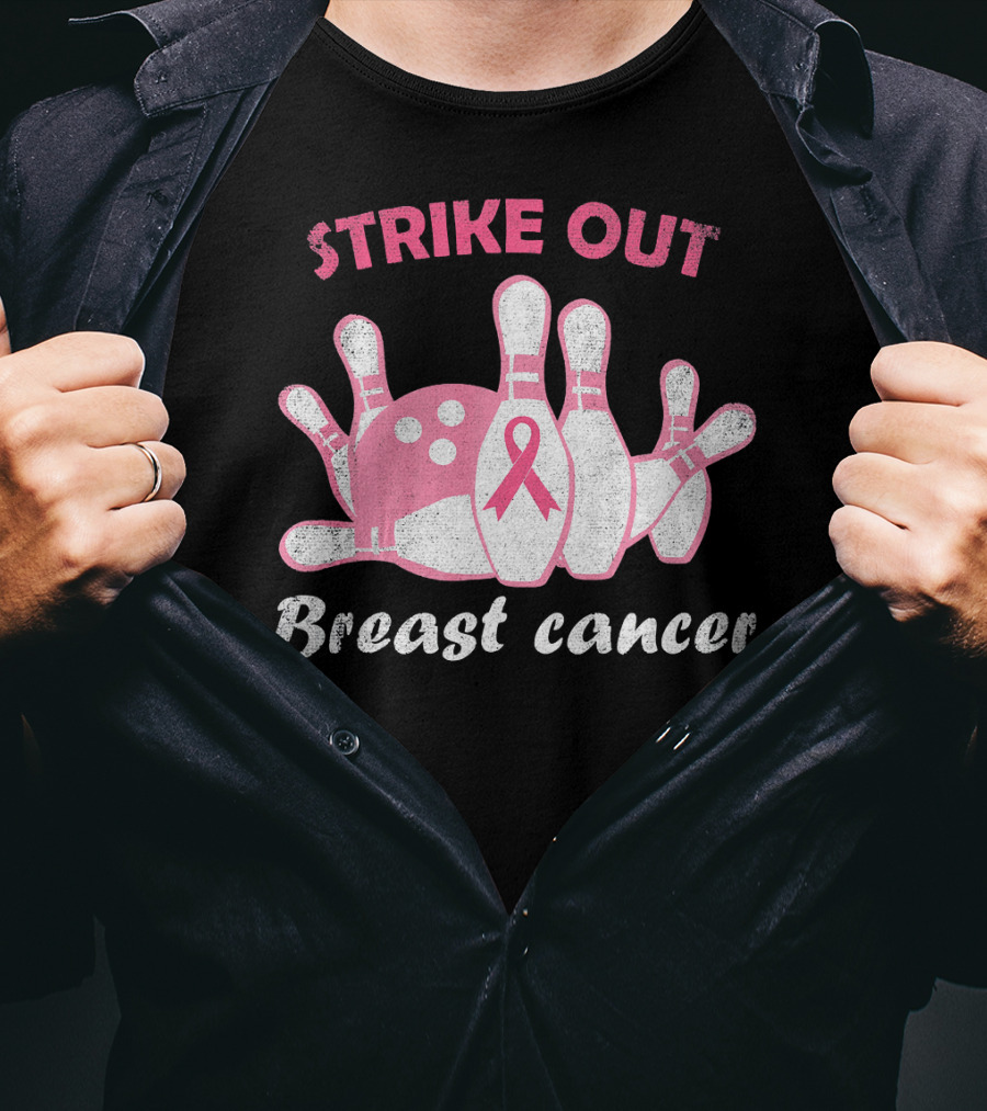 Strike Out Breast Cancer Pink Ribbon Bowling Pins And Ball T-Shirt