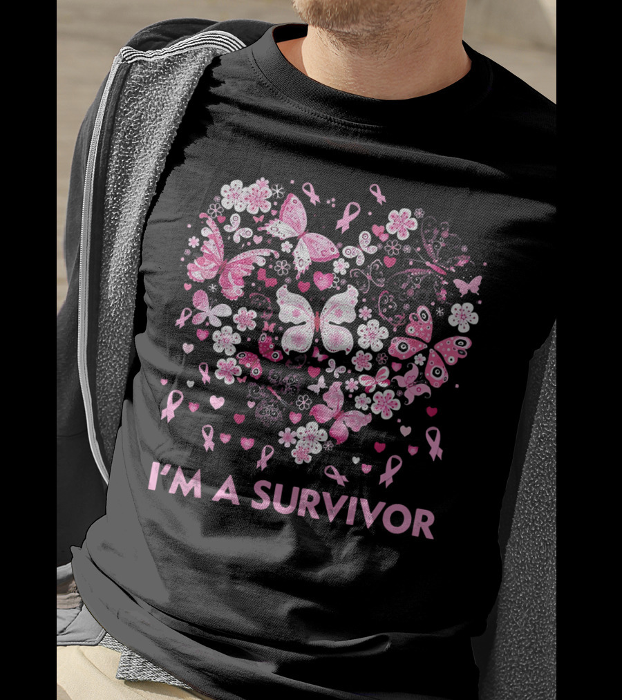 I'm A Survivor Heart Pink Ribbon Butterfly Flowers T-Shirt