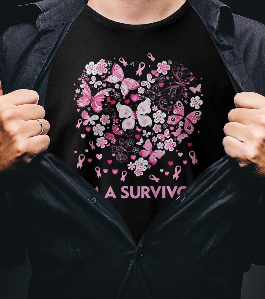 I'm A Survivor Heart Pink Ribbon Butterfly Flowers T-Shirt
